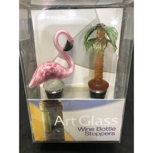 Whimsical Wine Bottle Stoppers Handmade Art Glass - Flamingo & Palm Tree